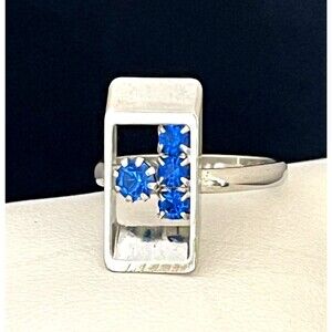 Vintage 1960s Cocktail Ring Mid Century Modern Blue Rhinestone Geometric - 4I